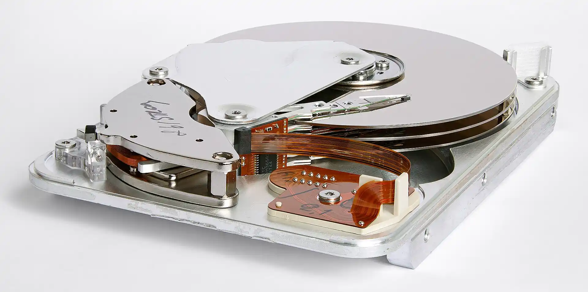 Disassembled hard disk drive components
